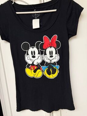Disney Black Tee with Mickey & Minnie Graphic and Red Bow